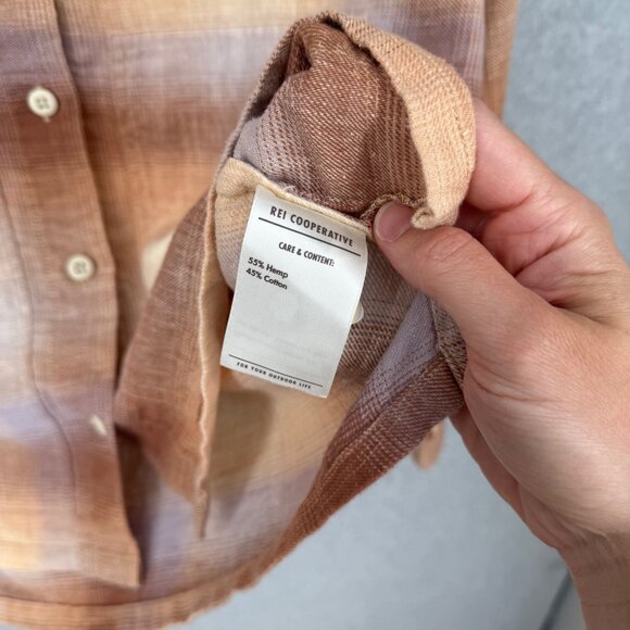 REI Co-op Womens Trailsmith Long-Sleeve Shirt Size L Peach Lavender Plaid Hemp - Picture 7 of 12